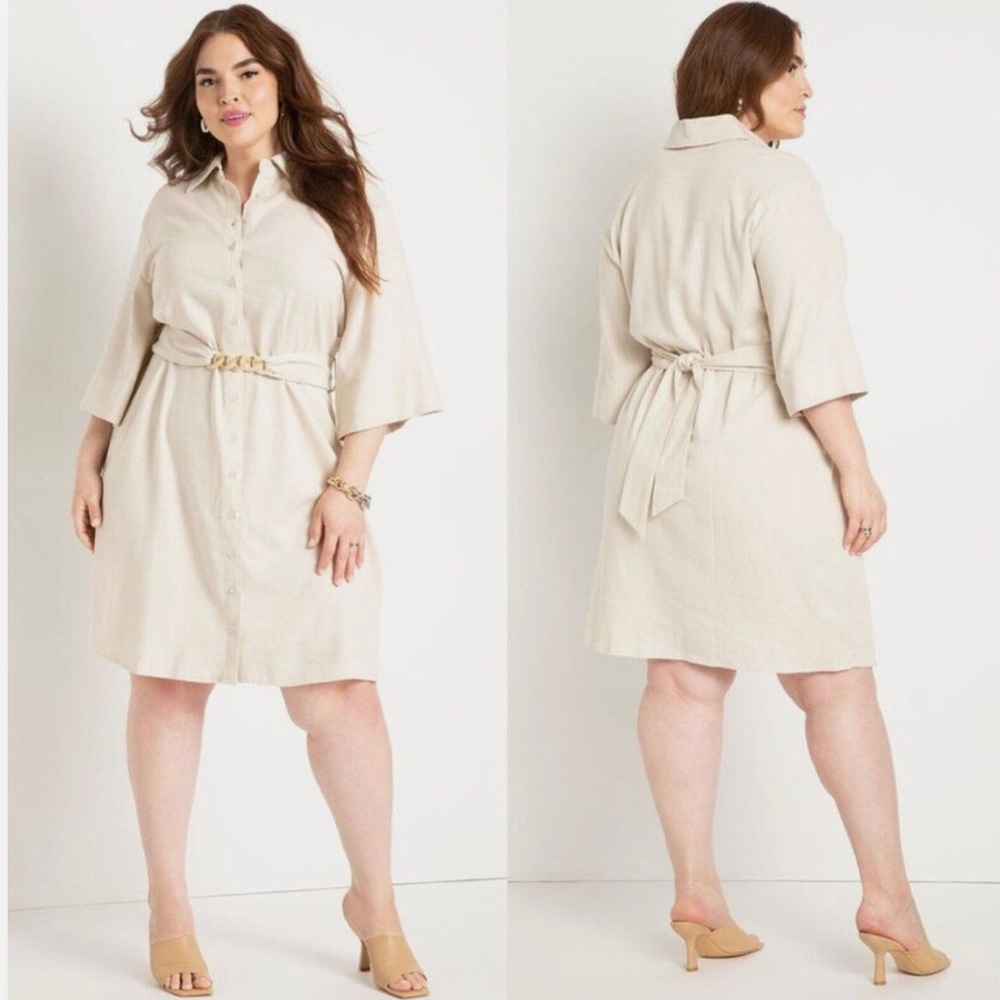 Eloquii Womens Linen Blend Beige Button Up Dress Size 22 Tie Waist Knee length